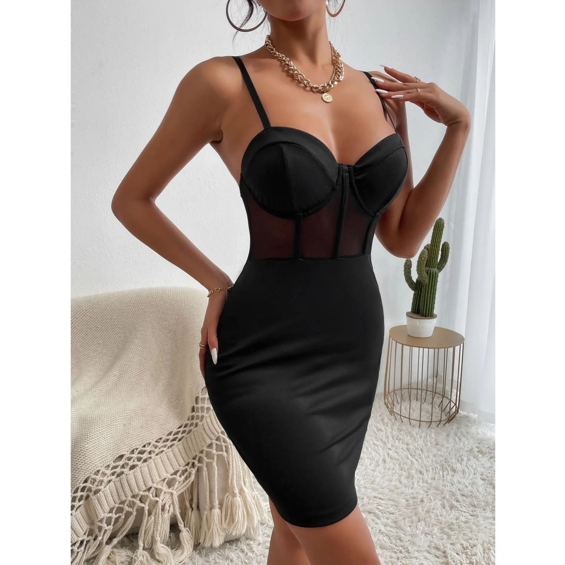 Y2K Sexy Club Party Aushöhlung Mesh Durchsichtiges Dünnes Kleid, Frauen Nachtclub Tragen Fishbone Neckholder V-ausschnitt Sheer Paket Hüfte Rock